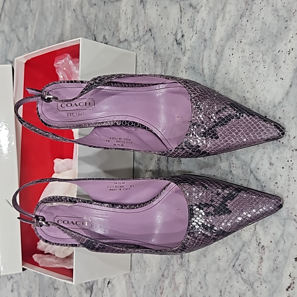 Coach Alena Snakeskin Purple Leather Pointy Slingbacks Heels Womens Size 9.5M